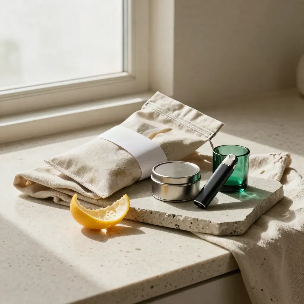 Luxury cannabis mix pack on linen and stone with citrus peel and soft window haze.