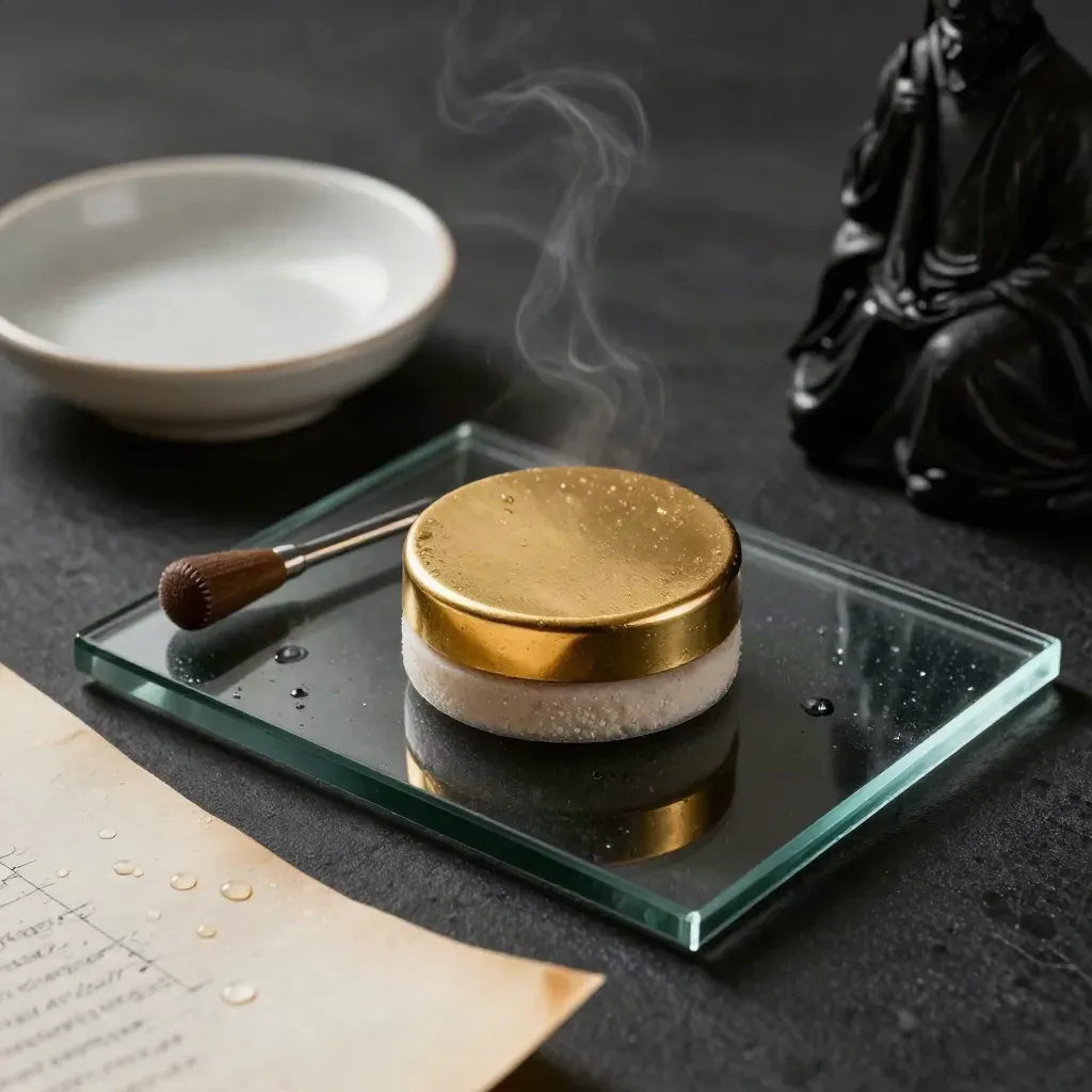 Rosin puck on glass with dab tool, ceramic dish, and condensation in a dark studio.