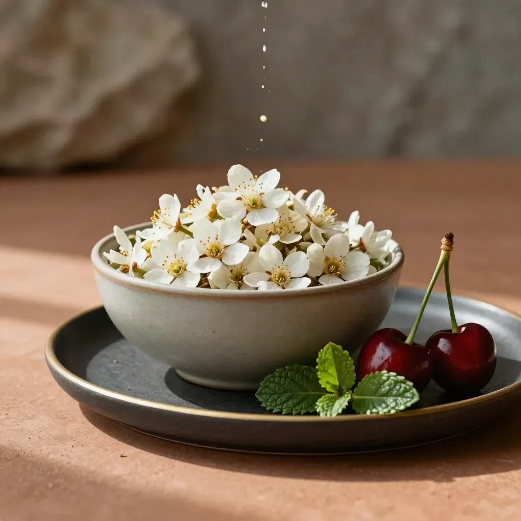 Cherry Mint flower in a ceramic bowl with cherry, mint leaf and charcoal tray on warm clay.