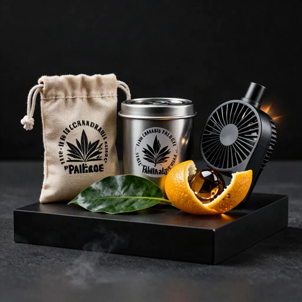 Flower pouch, gummy tin, and vape cart with citrus peel and leaf on dark studio surface.
