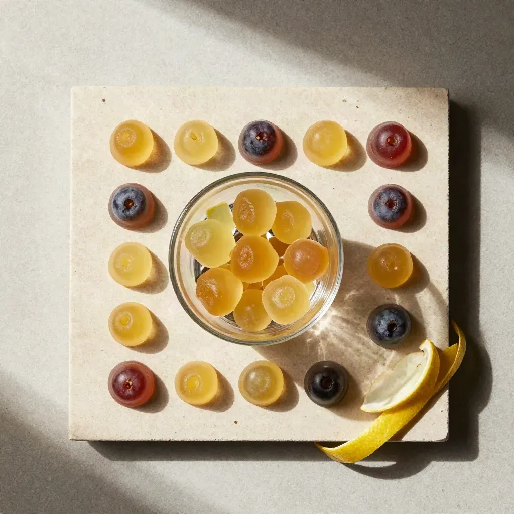 Overhead flatlay of lemon berry gummies in a clear cup with citrus curls on stone