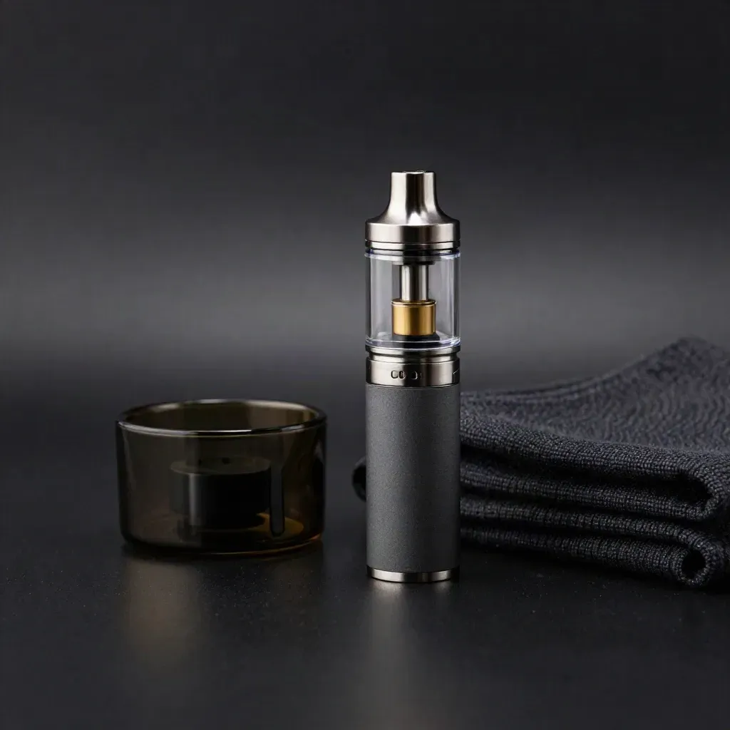 Night Shift vape cart beside dark accessories on a matte-black surface in dramatic rim light