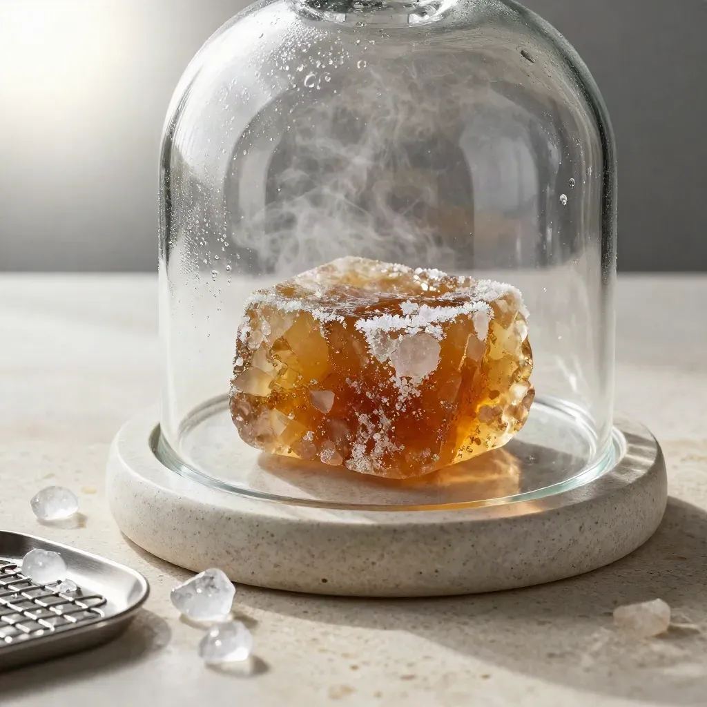 Ice water hash under a glass dome on frosted stone with ice chips and condensation
