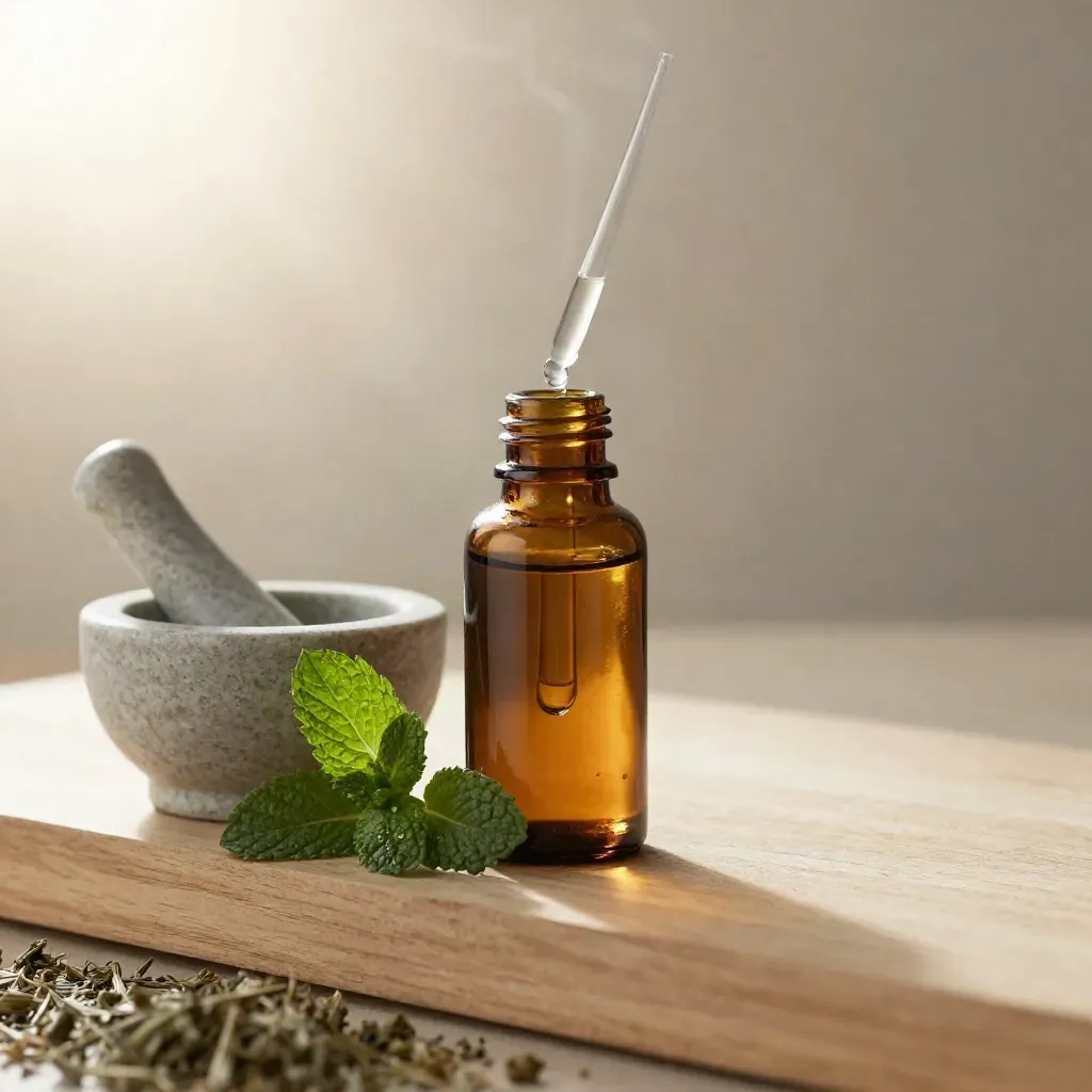 Amber tincture bottle with dropper, mint sprig, and stone mortar on a pale wood ledge.