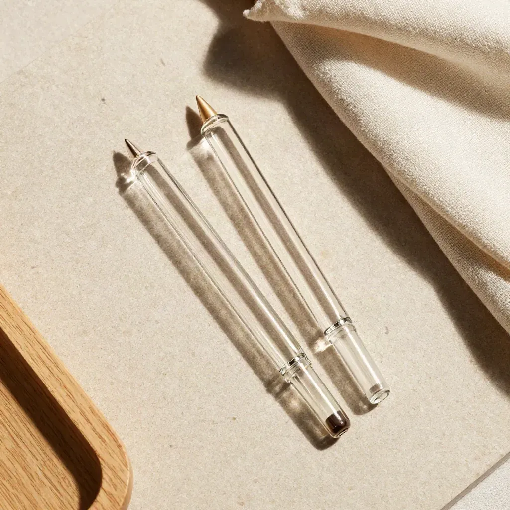 Two clear glass tips on linen with a small wooden tray edge, overhead flatlay.