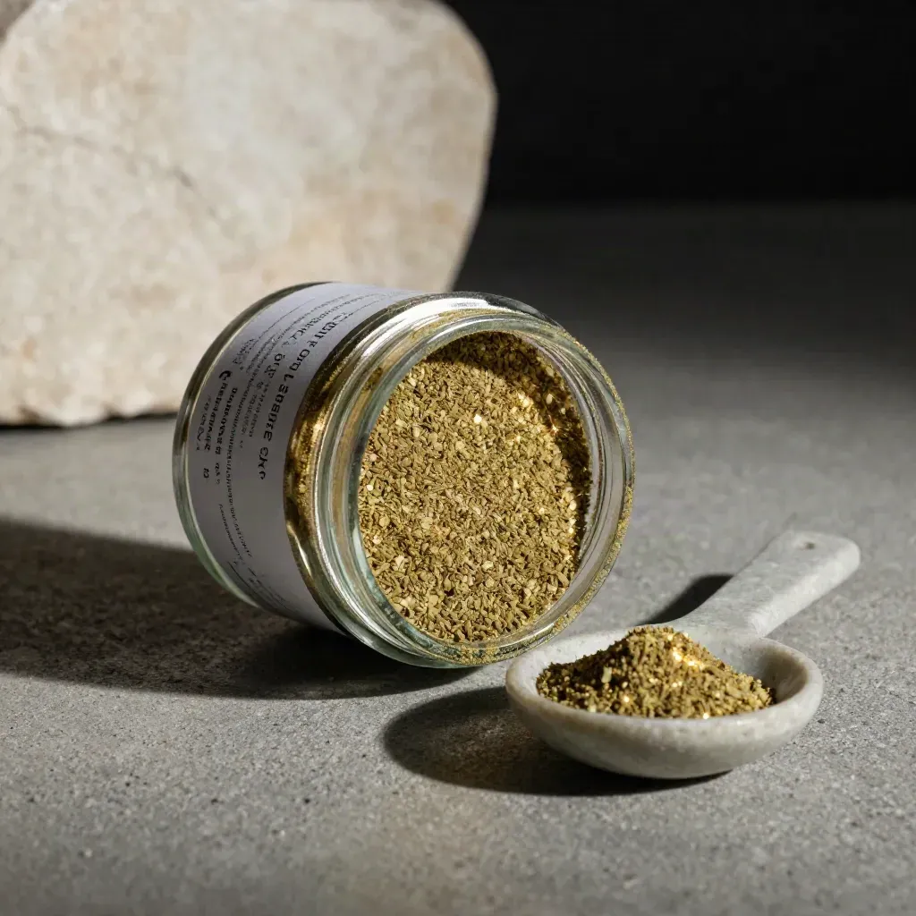 Open kief jar with spoon and dish, glowing gold-green dust on cool concrete.