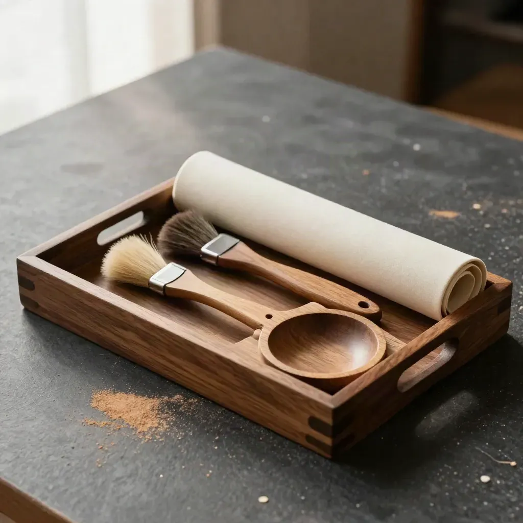Wooden tray accessory kit with brush, sleeve, and dish on a charcoal workbench.