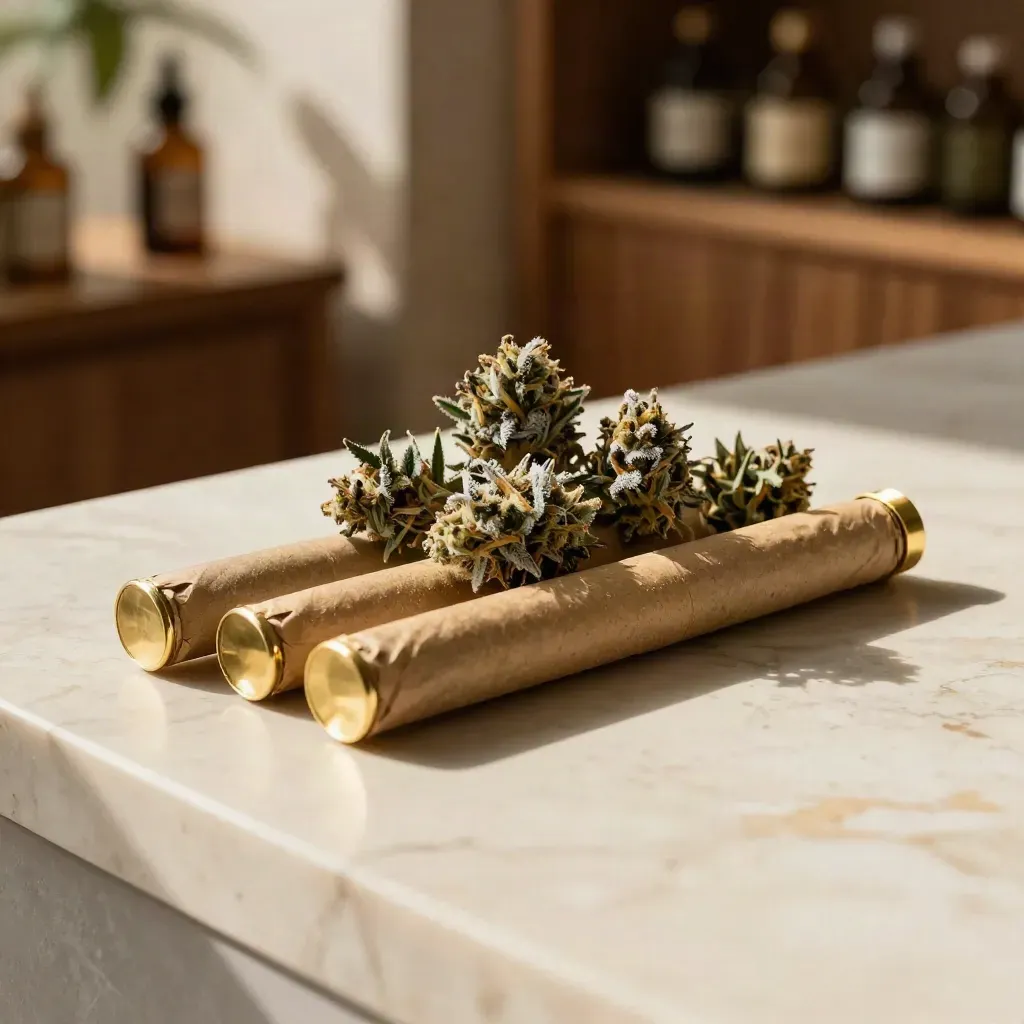 Sunlit marble ledge with cannabis flower, pre-rolls, brass detail, and blurred oak shelving