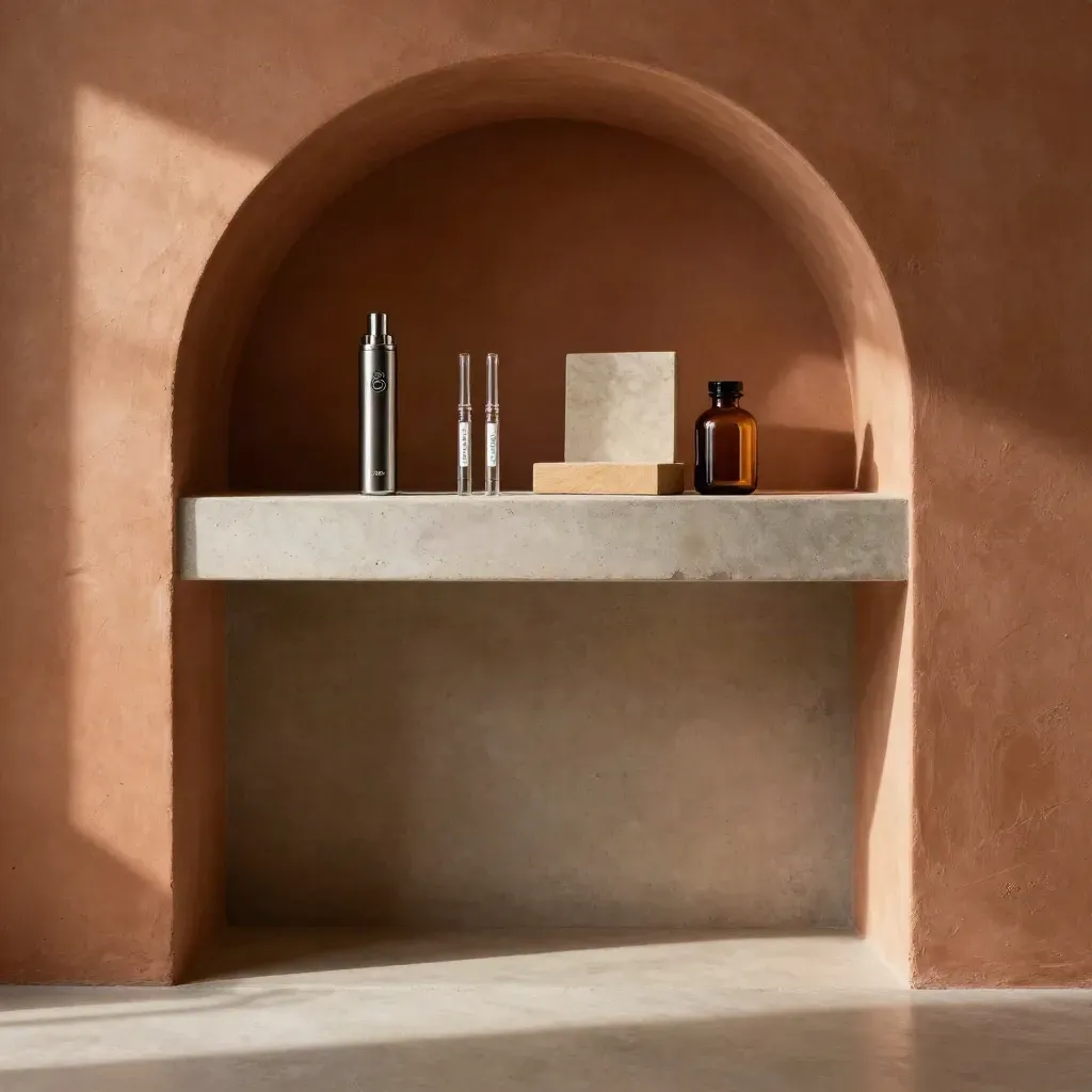 Sunlit plaster arch and concrete niche with vape products on a pedestal