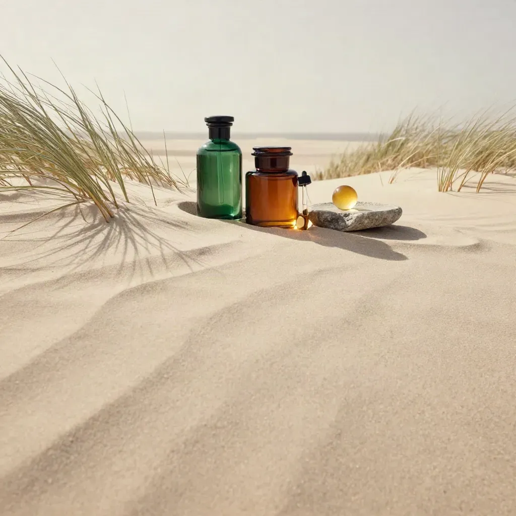 Sand dune with pale grass and elegant tincture and concentrate bottles in soft sea mist.