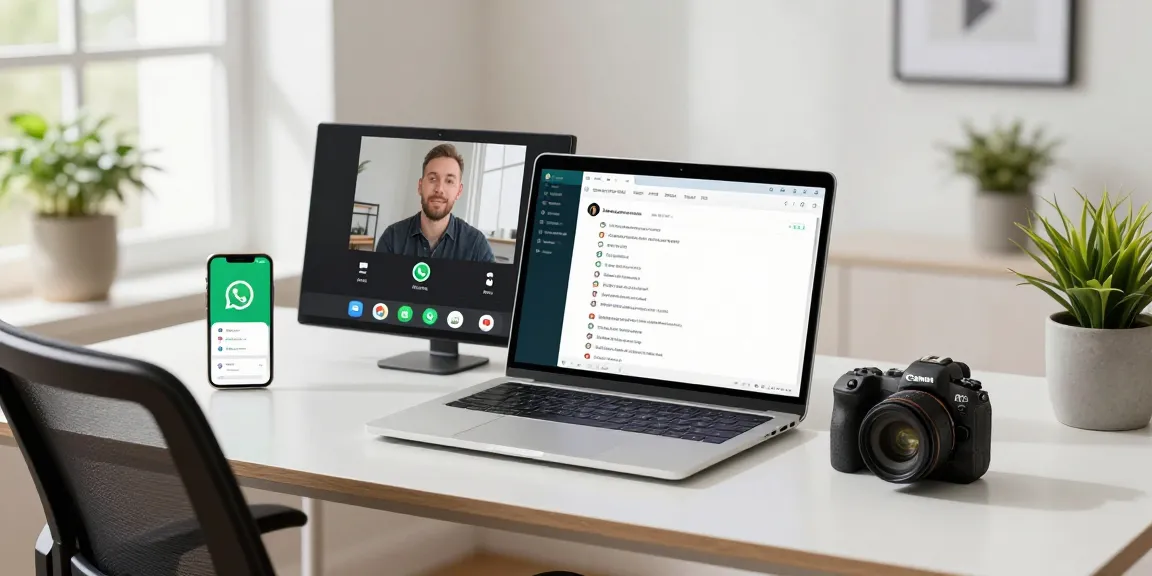 Engaging home office showing WhatsApp電腦版 on laptop with vibrant workspace elements.