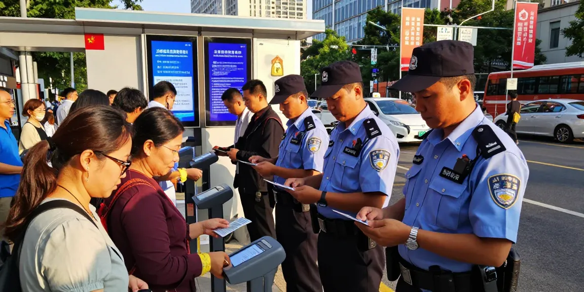 Modern urban security scene with people verifying access at https://shs-dome5.com/ checkpoint.