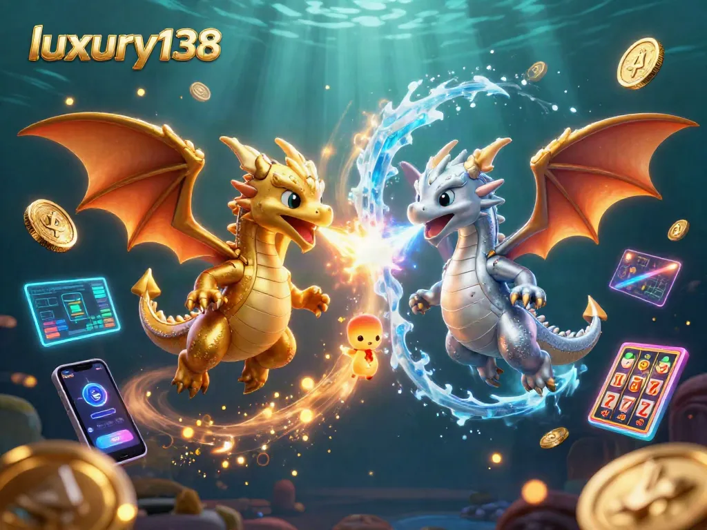 Permainan slot pada luxury138 dengan naga emas dan perak, dikelilingi koin Bitcoin dan Ethereum.