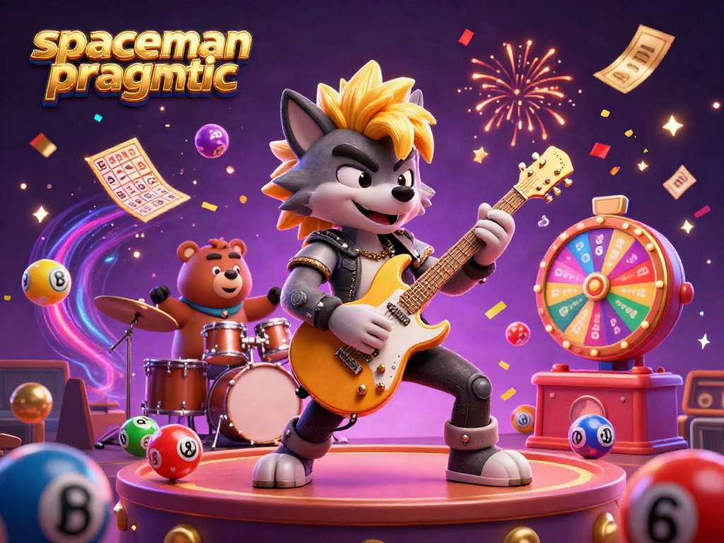 Engage with spaceman pragmatic as a cartoon rock star wolf shreds guitar in a dazzling casino scene.
