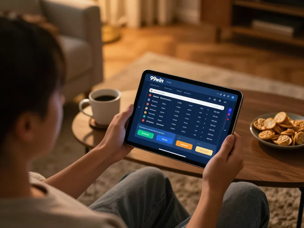 Engaging in sports betting on 99win from a cozy home setup, emphasizing responsible gambling.