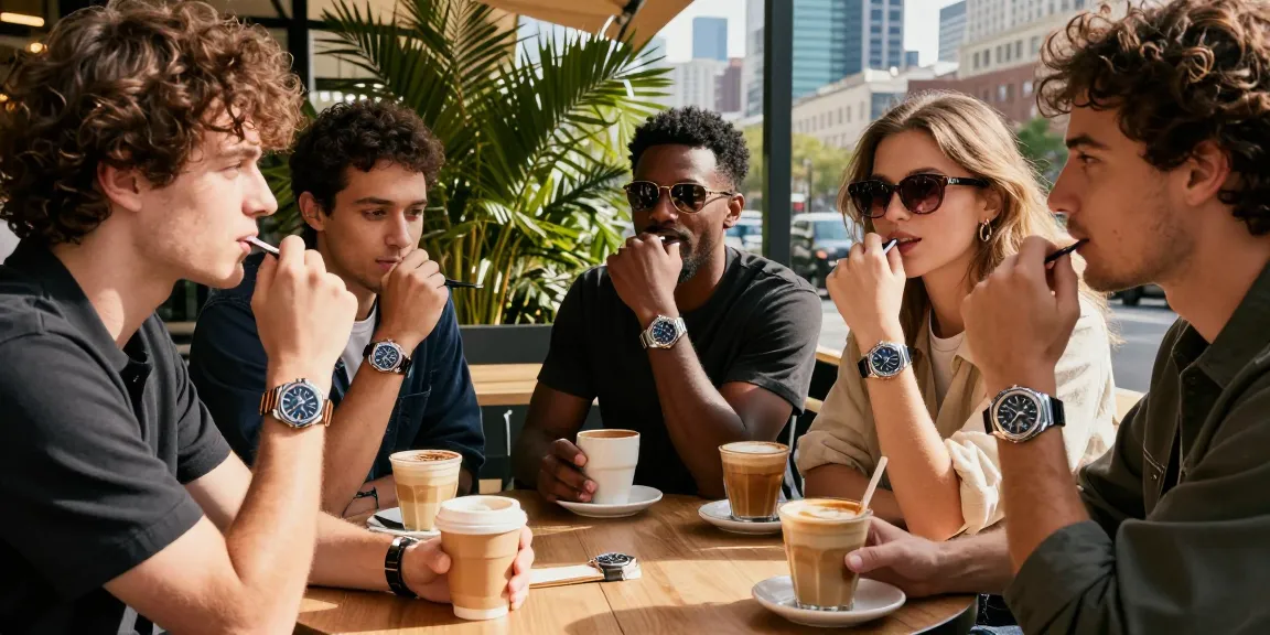 Stylish friends displaying super clone watches at an outdoor café, highlighting luxury and lifestyle.