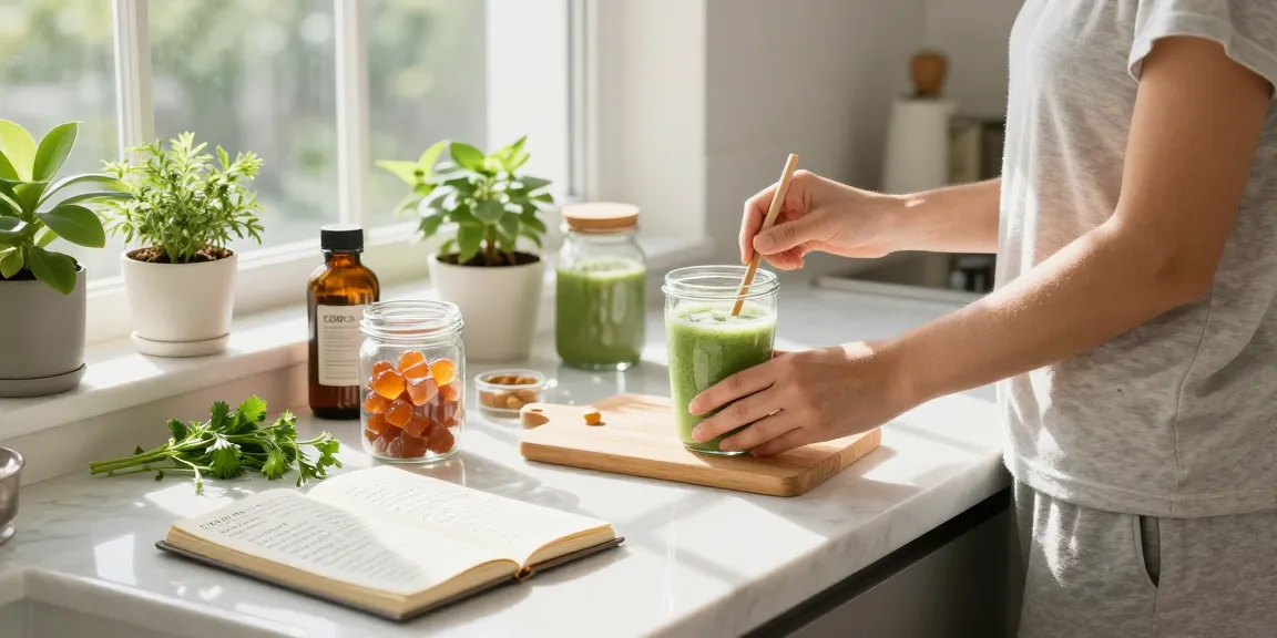 CBD edibles preparation in a bright kitchen with natural ingredients and wellness items, promoting organic health.