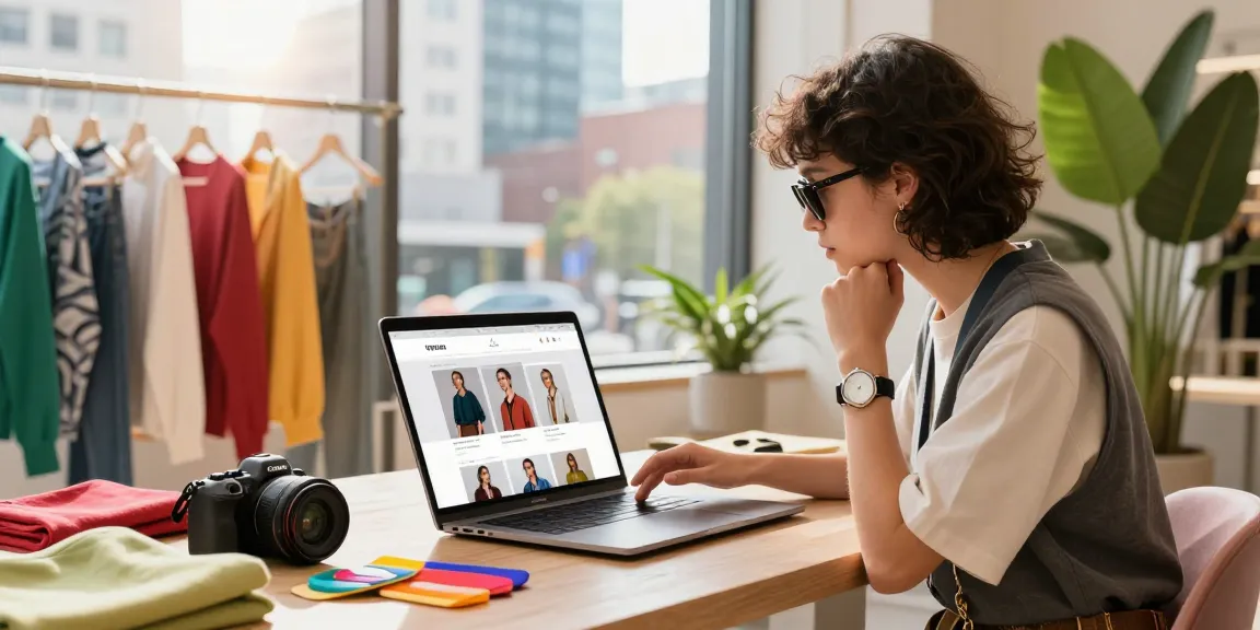 Engaging user exploring a 레플리카 사이트 in a stylish urban e-commerce setting.