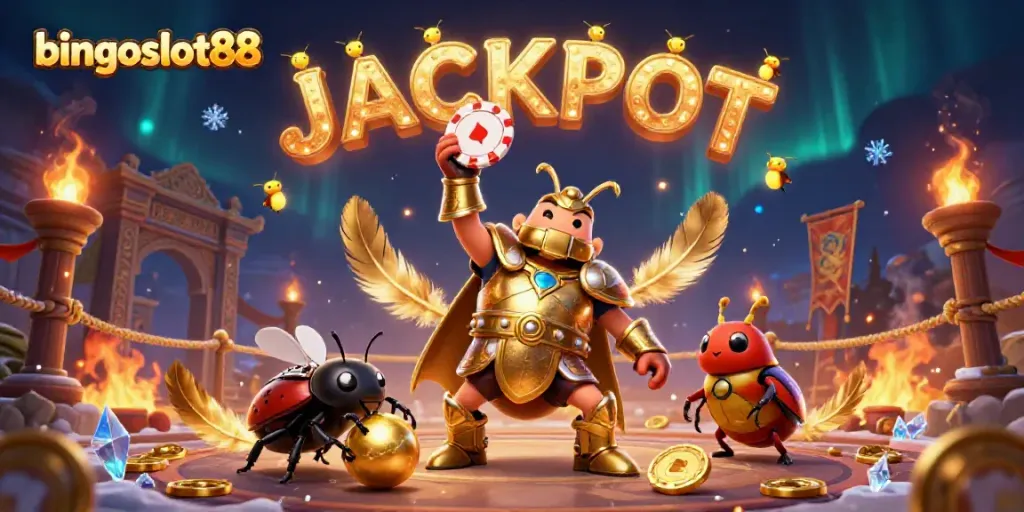 Gambarkan momen menegangkan di bingoslot88 dengan laba-laba mengangkat chip poker di arena pertarungan.