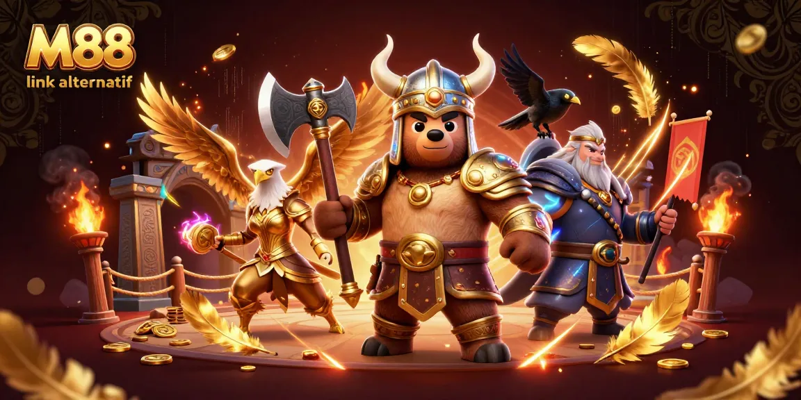 Engage with M88 link alternatif in this vibrant casino-themed illustration featuring epic characters.