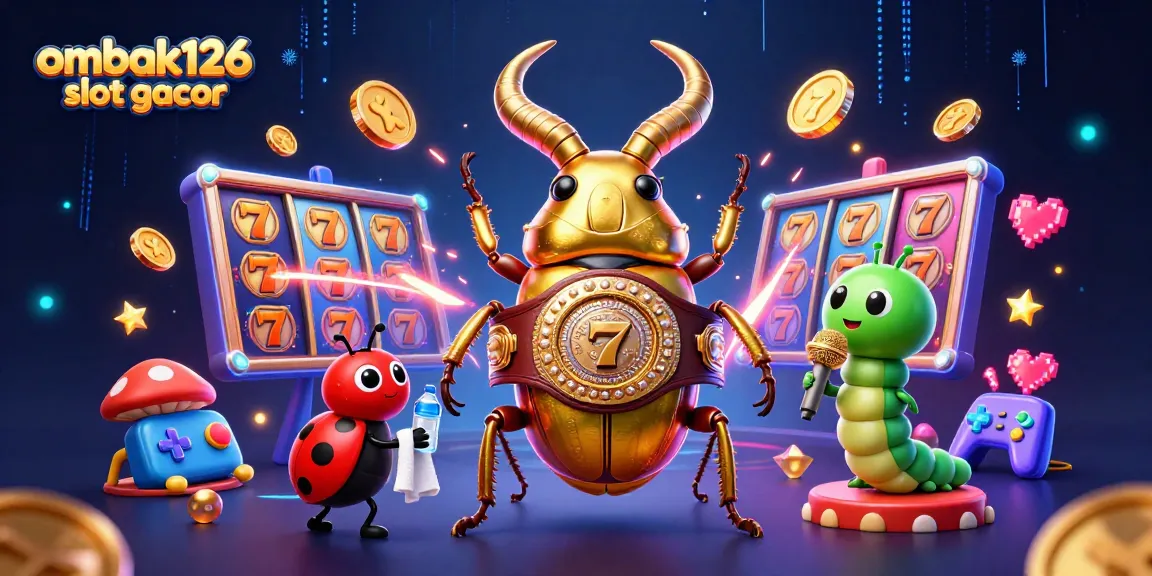 Engage with ombak126 slot gacor through a vibrant scene filled with casino elements and cartoon characters.