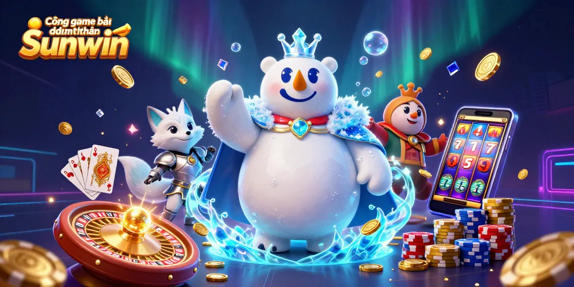 Experience the excitement of Cổng game bài đổi thưởng Sunwin with dynamic 3D illustration featuring a polar bear and a snow fox in a casino setting.