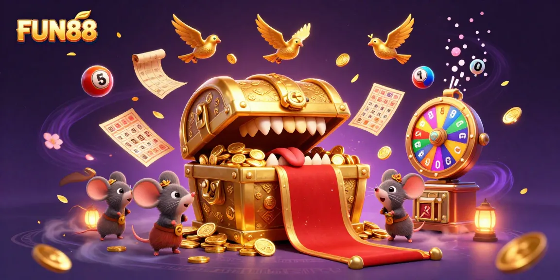 Experience the excitement of FUN88 with a vibrant treasure chest and thrilling gaming elements.