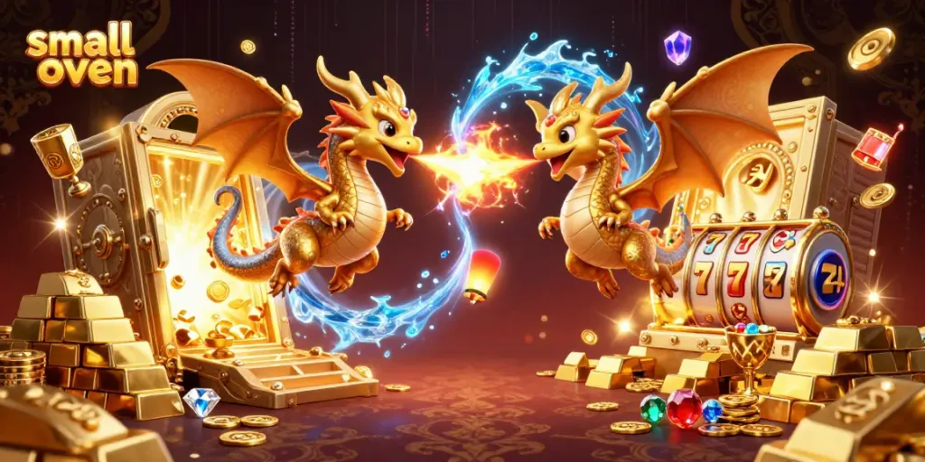 Spin the reels of fortune with a dynamic small oven scene featuring dragons and treasures.