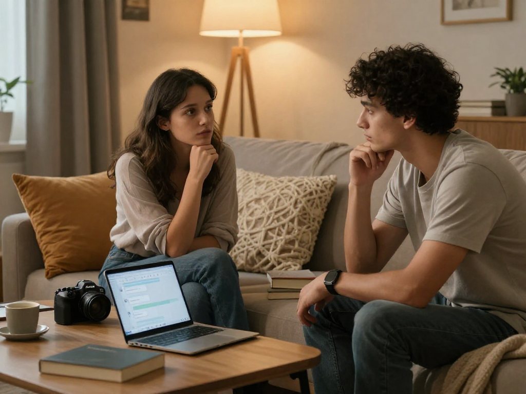 Engaging in a sex AI chat, individuals share intimate moments in a cozy living room.