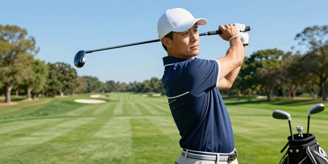 High-quality 골프웨어 레플리카 showcased on golfer swinging in a lush green golf course.