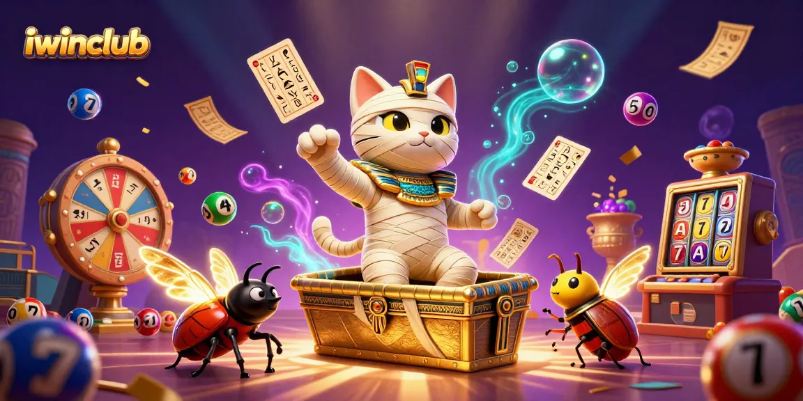 Spin your luck at iwinclub with a captivating scene of a mummy cat and golden elements.