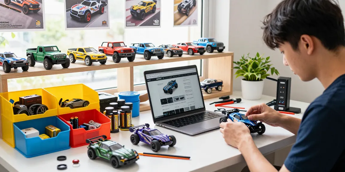 Explore the vibrant workspace of an RC enthusiast, featuring diverse remote control vehicles while using the rokok88 login to discover the latest models.