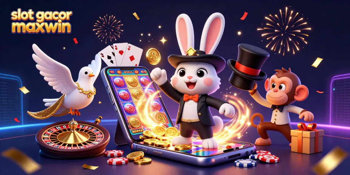 Experience the thrill of slot gacor maxwin with animated casino characters celebrating wins amidst confetti and sparkling effects.