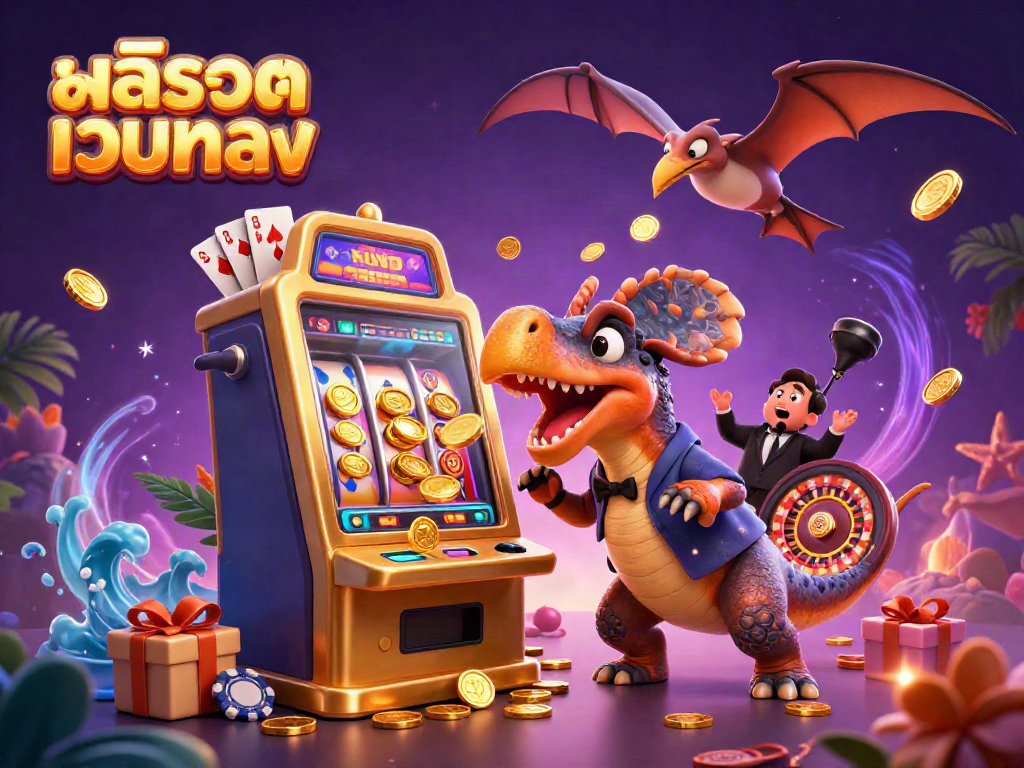 Experience the excitement of สล็อตเว็บตรง with a pachycephalosaurus winning coins from a slot machine in an action-packed scene.