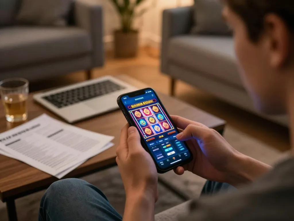 Player enjoying xx88 mobile casino app with vibrant slot display and strategy notes at home