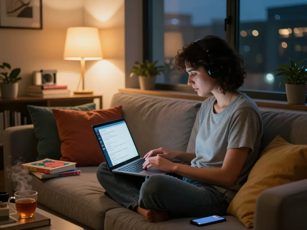 Engaging NSFW AI chat in a cozy home office, featuring a person on a laptop, colorful cushions, and soft lighting.