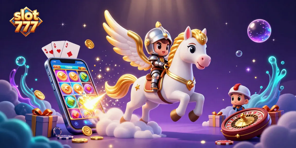 Slot 777: Jelajahi permainan slot yang mengasyikkan dengan kuda berwarna putih berkepang emas dan kartu yang menari-nari.