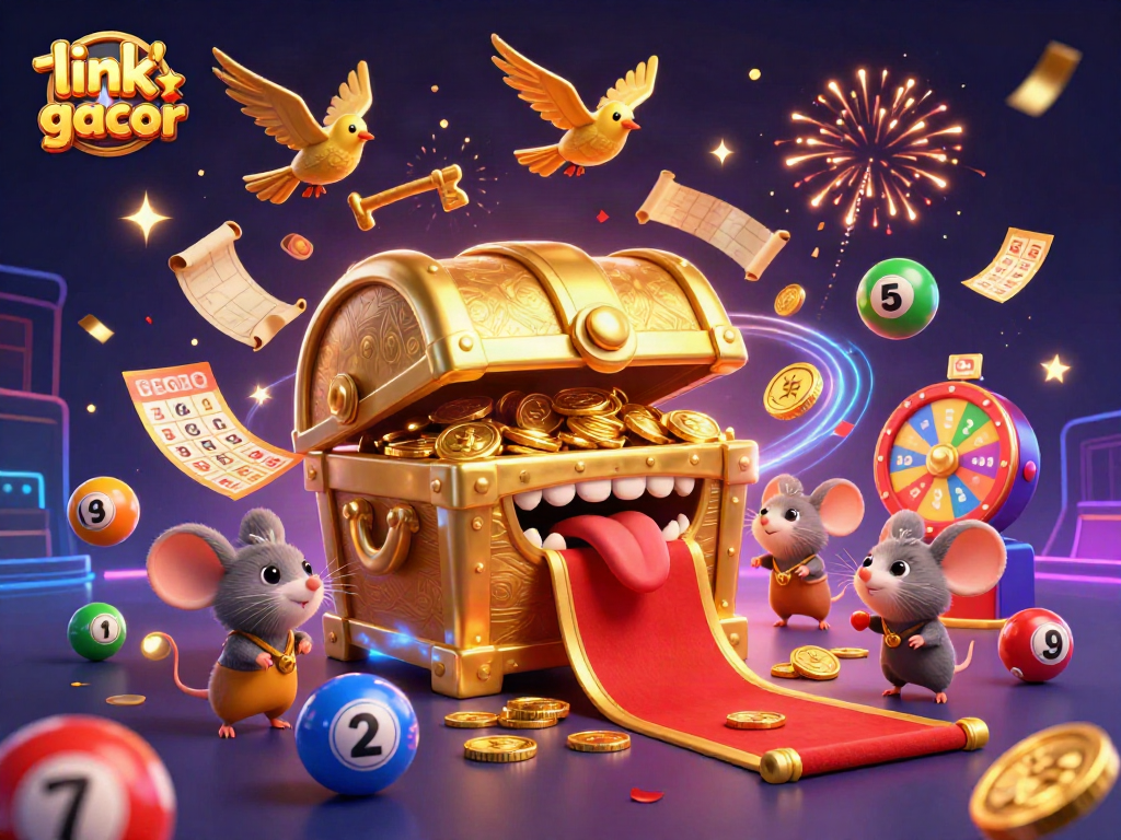 Engage with the link slot gacor experience amid a bustling casino-inspired scene of treasure and excitement.