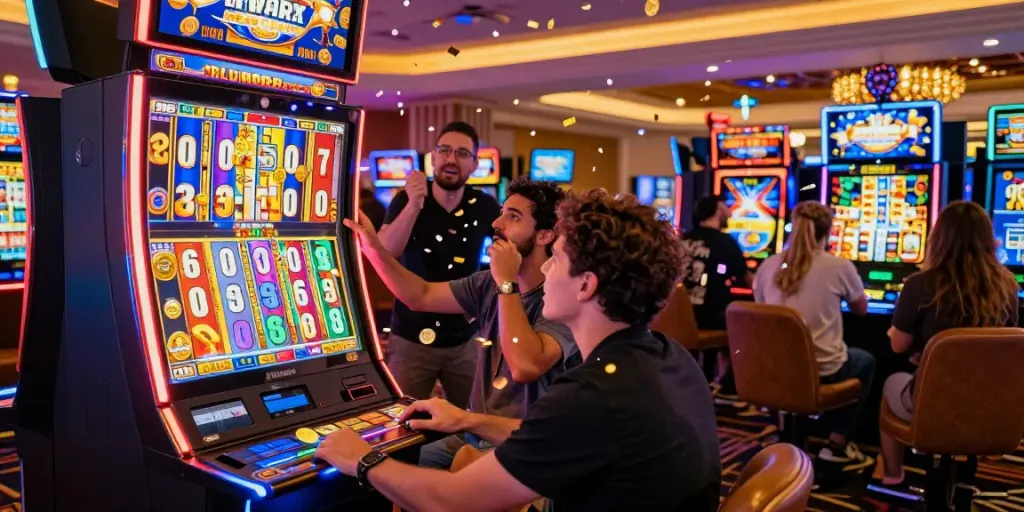 Exciting casino scene with players celebrating a slot jackpot win, vibrant colors and festive atmosphere.