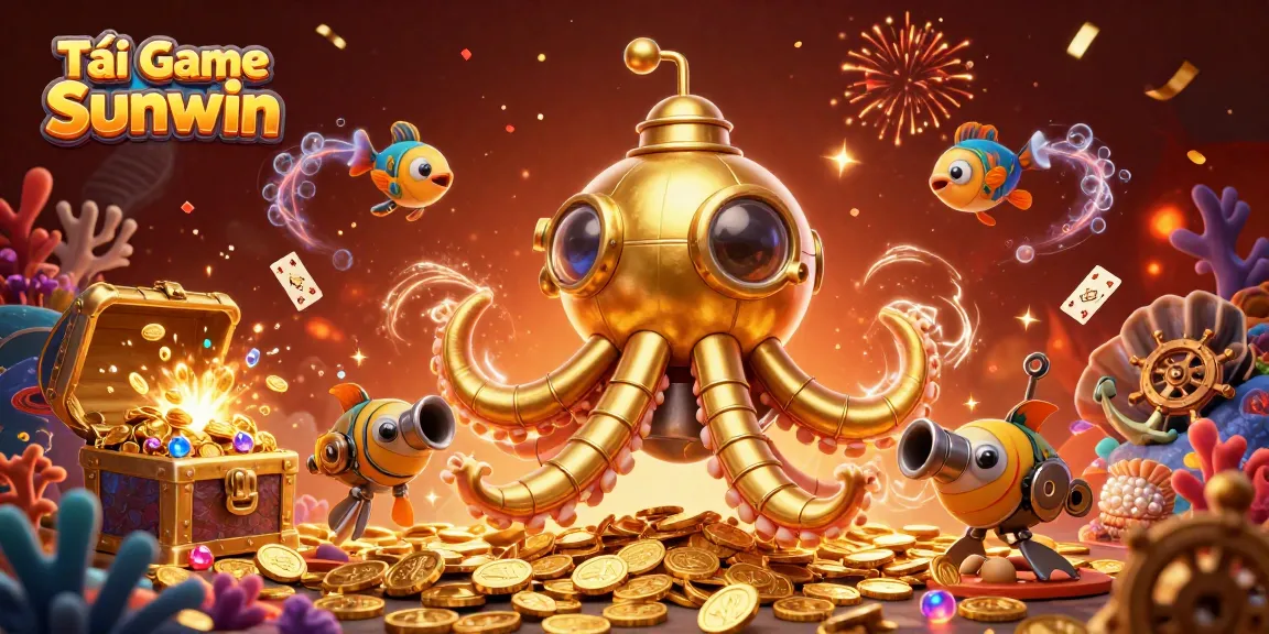 Tải game Sunwin in stunning 3D, showcasing an adventurous scene with a golden kraken and mechanical fish.