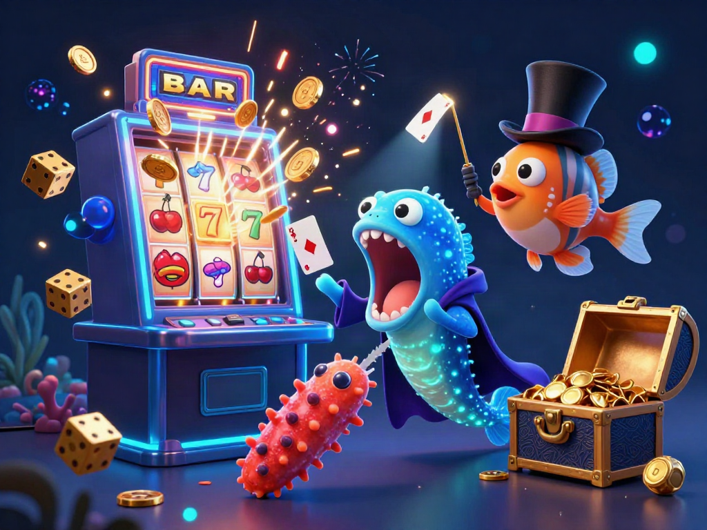 Engaging illustration of หน้าเว็บสล็อต showcasing a magical underwater casino theme with vibrant characters and elements.