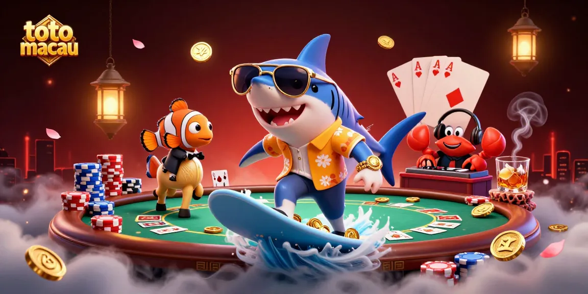 Experience the excitement of toto macau gaming with a comedic 3D scene of sea creatures celebrating.