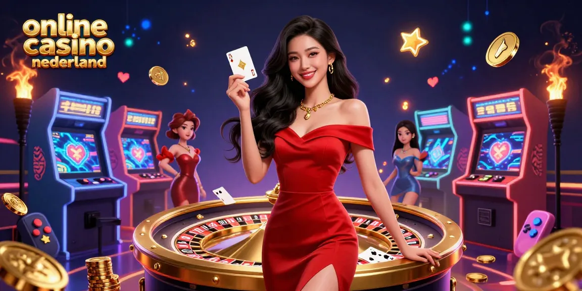 Experience excitement at online casino nederland with a beautiful character holding a golden card.