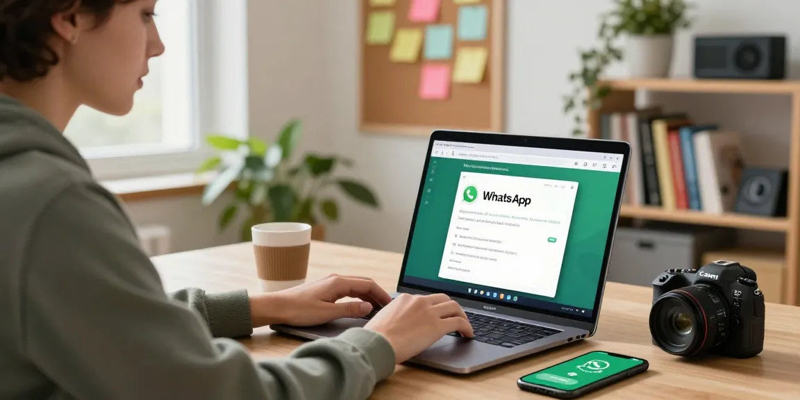 Professional using WhatsApp電腦版 on a laptop in a bright home office setting.
