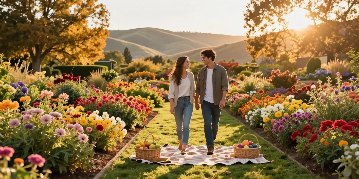 Couple enjoying autumn at Capay Valley Garden, exploring vibrant flowers at https://www.thecapayvalleygardentour.com.