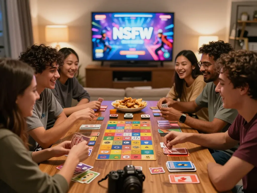 Playful moment of friends enjoying nsfw games during a lively game night at home.