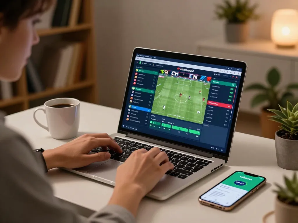 Engaging in online sports betting with vikubet app on laptop at home, showcasing strategic gameplay.