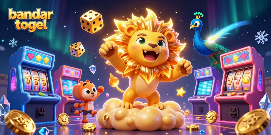 Engage with the bandar togel gaming experience, showcasing a vibrant scene with a sun lion, golden dice, and slot elements.