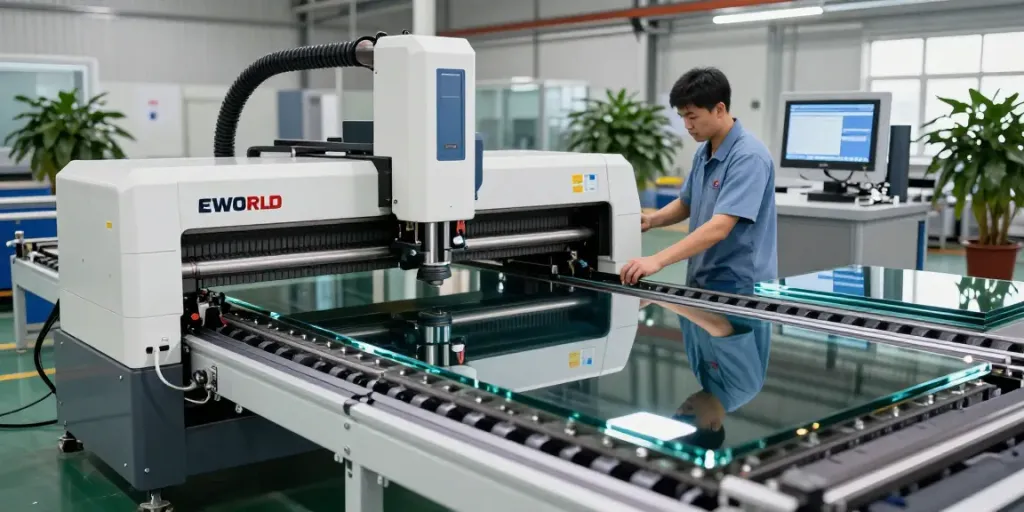Eworld Machine's glass cutting machine in operation at a modern manufacturing facility.