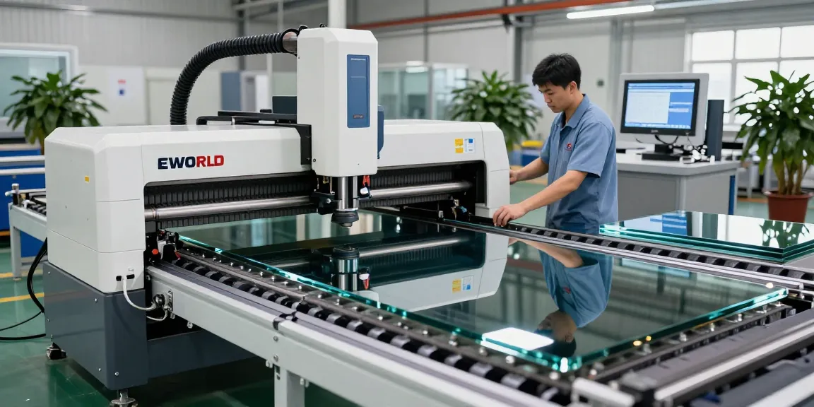 Eworld Machine's glass cutting machine in operation at a modern manufacturing facility.
